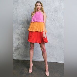 Tiered Pleated Colorblock Mini Dress - Pink, Orange, Red